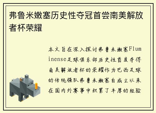 弗鲁米嫩塞历史性夺冠首尝南美解放者杯荣耀